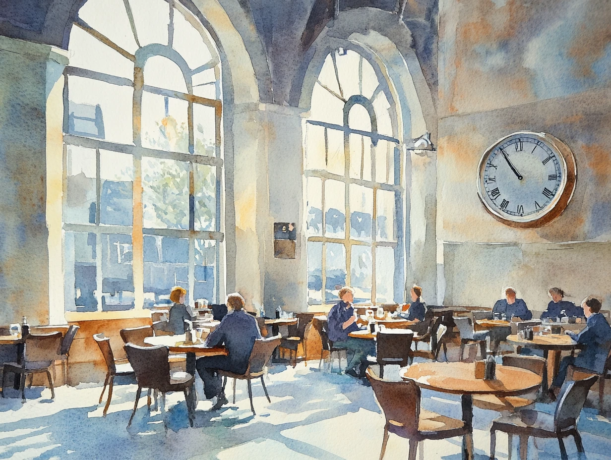 Interior de café em aquarela com pessoas conversando em mesas redondas