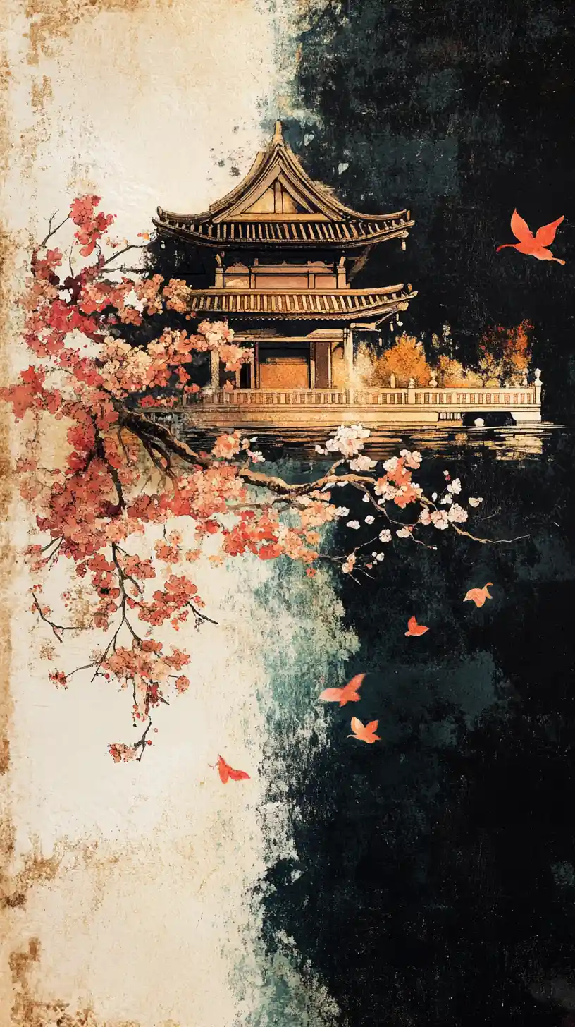 Japanese landscape painting with cranes and cherry blossoms