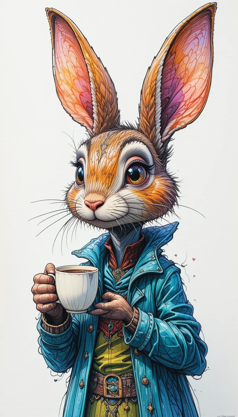 Whimsical rabbit in a coat holding a hot drink