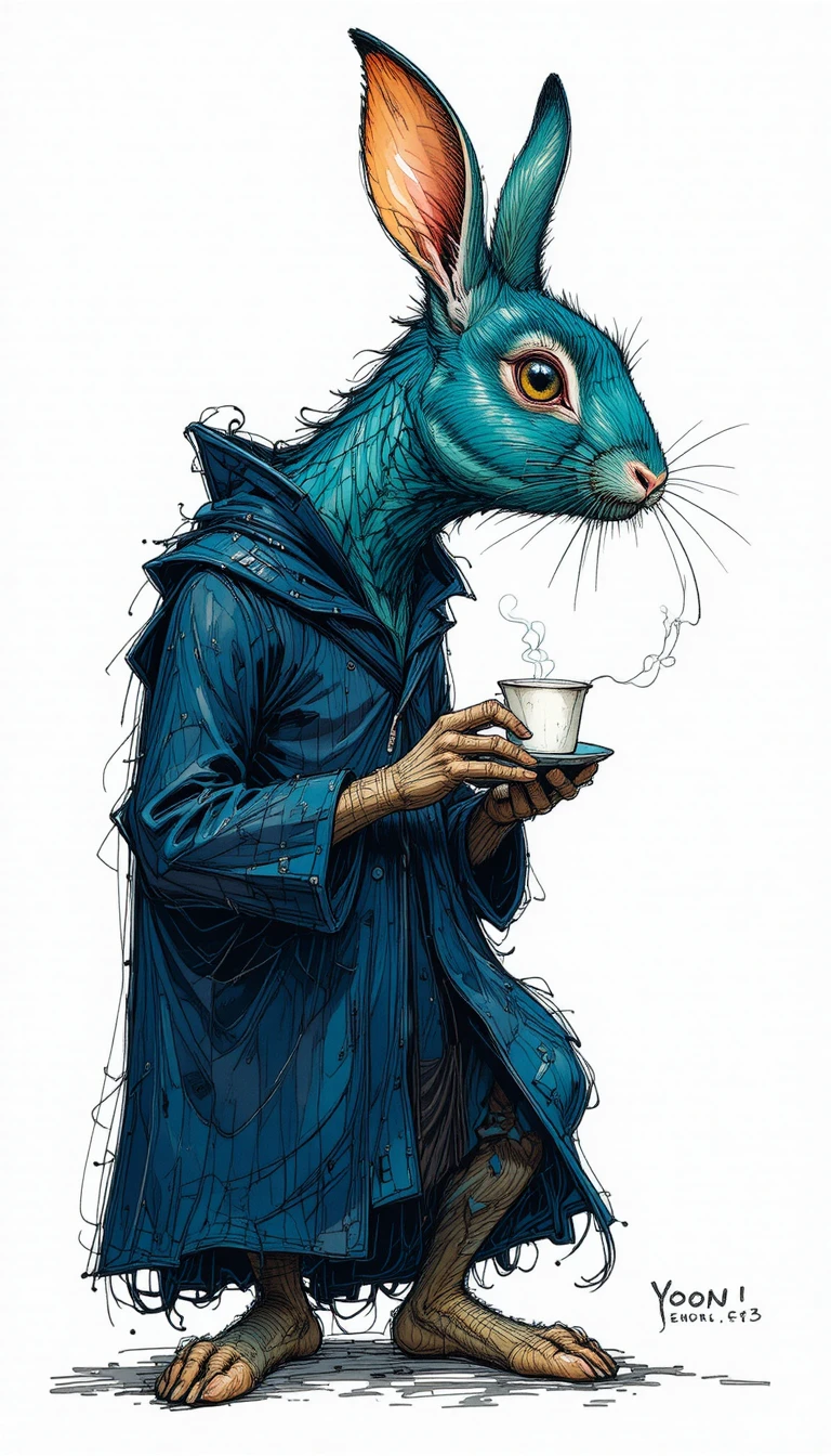 Melancholic rabbit in coat holding a steaming teacup