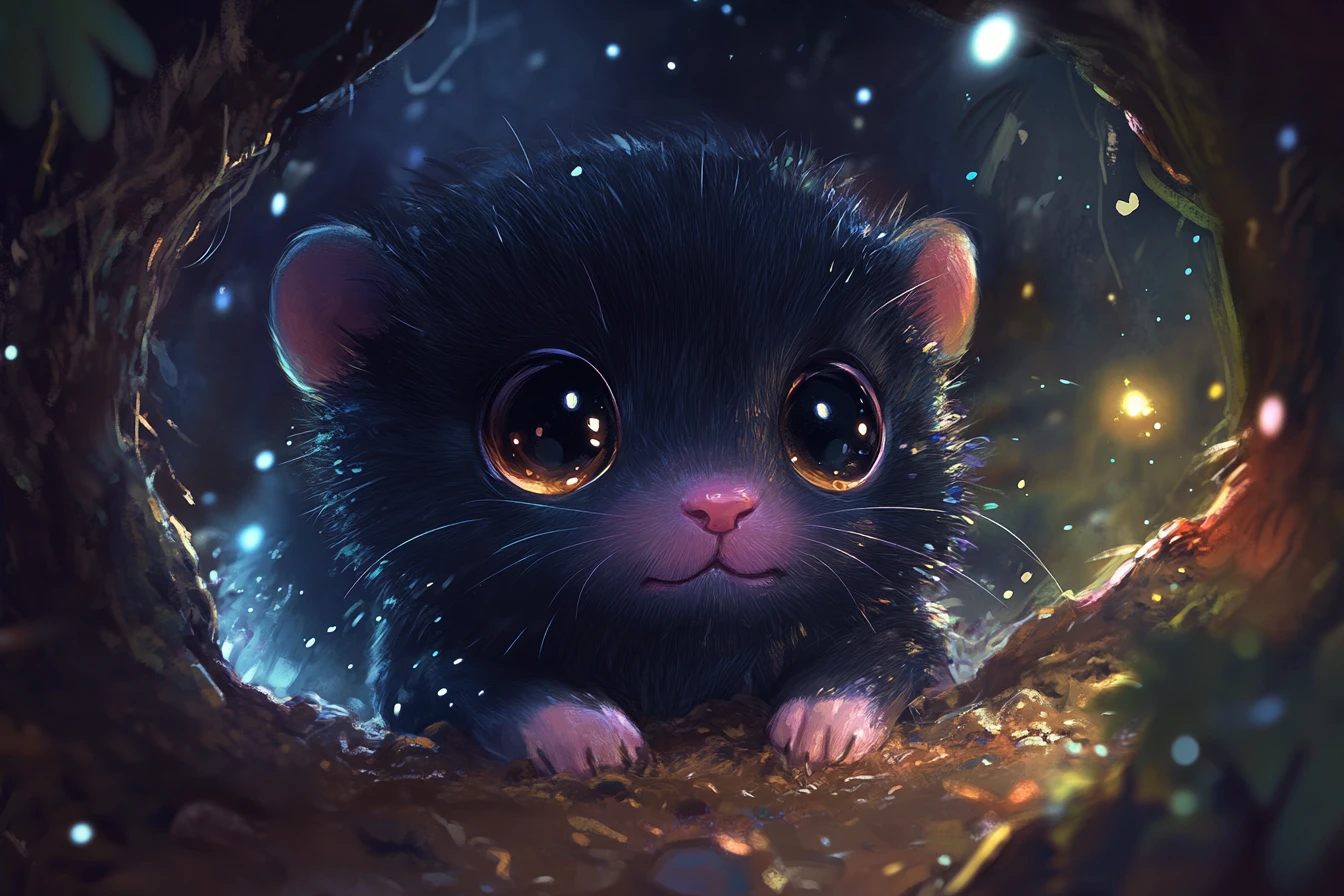 Adorable bebé topo en un túnel subterráneo brillante