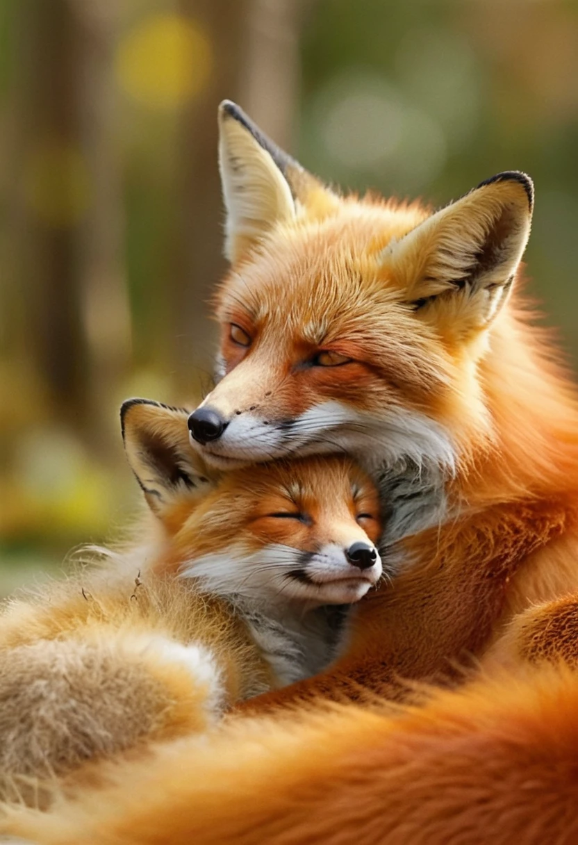 Rotfuchs-Mutter, die ihr winziges Baby im warmen Licht kuschelt