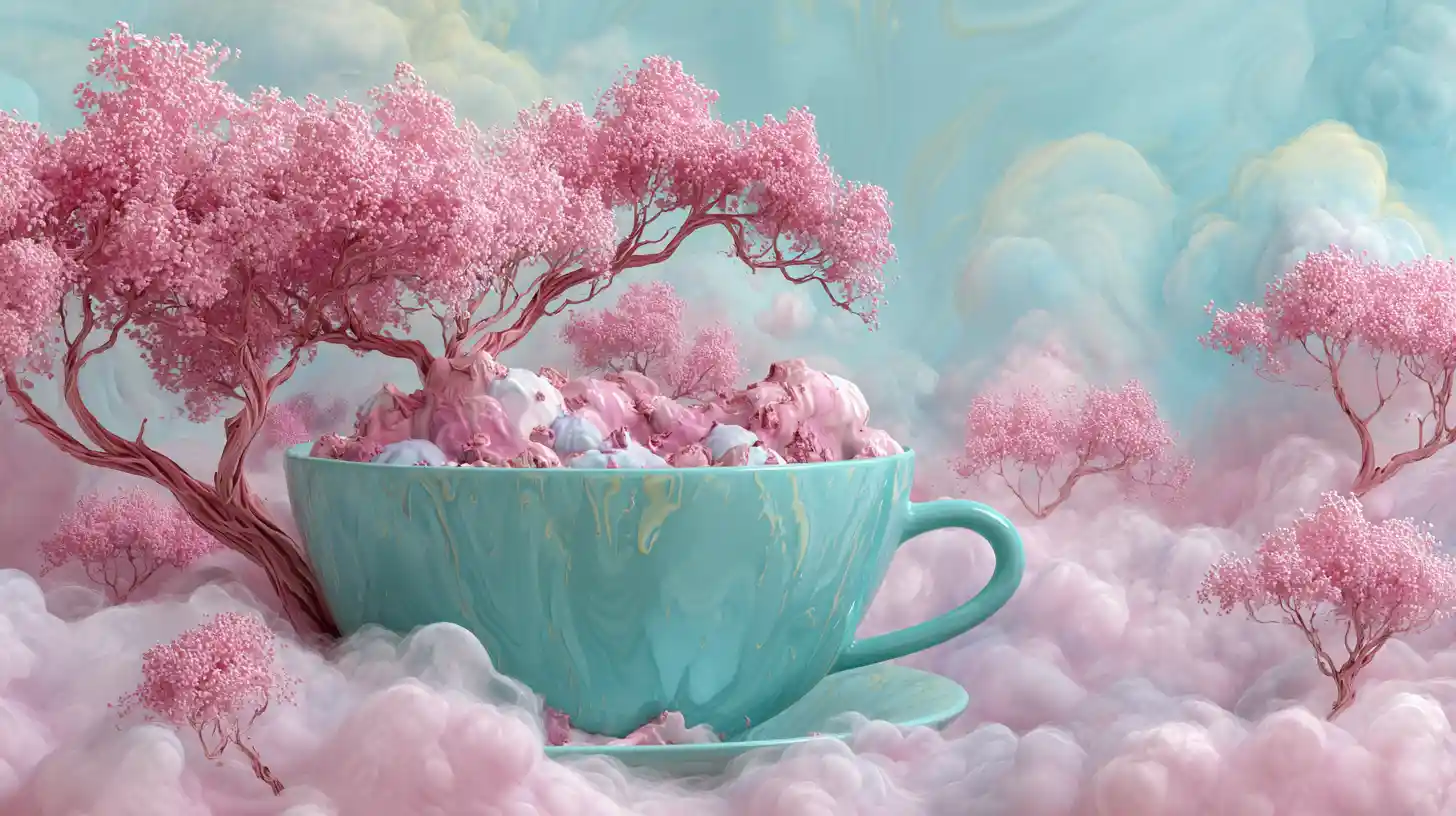 Surreal Ice Cream Landscape With Floating Pink Trees
