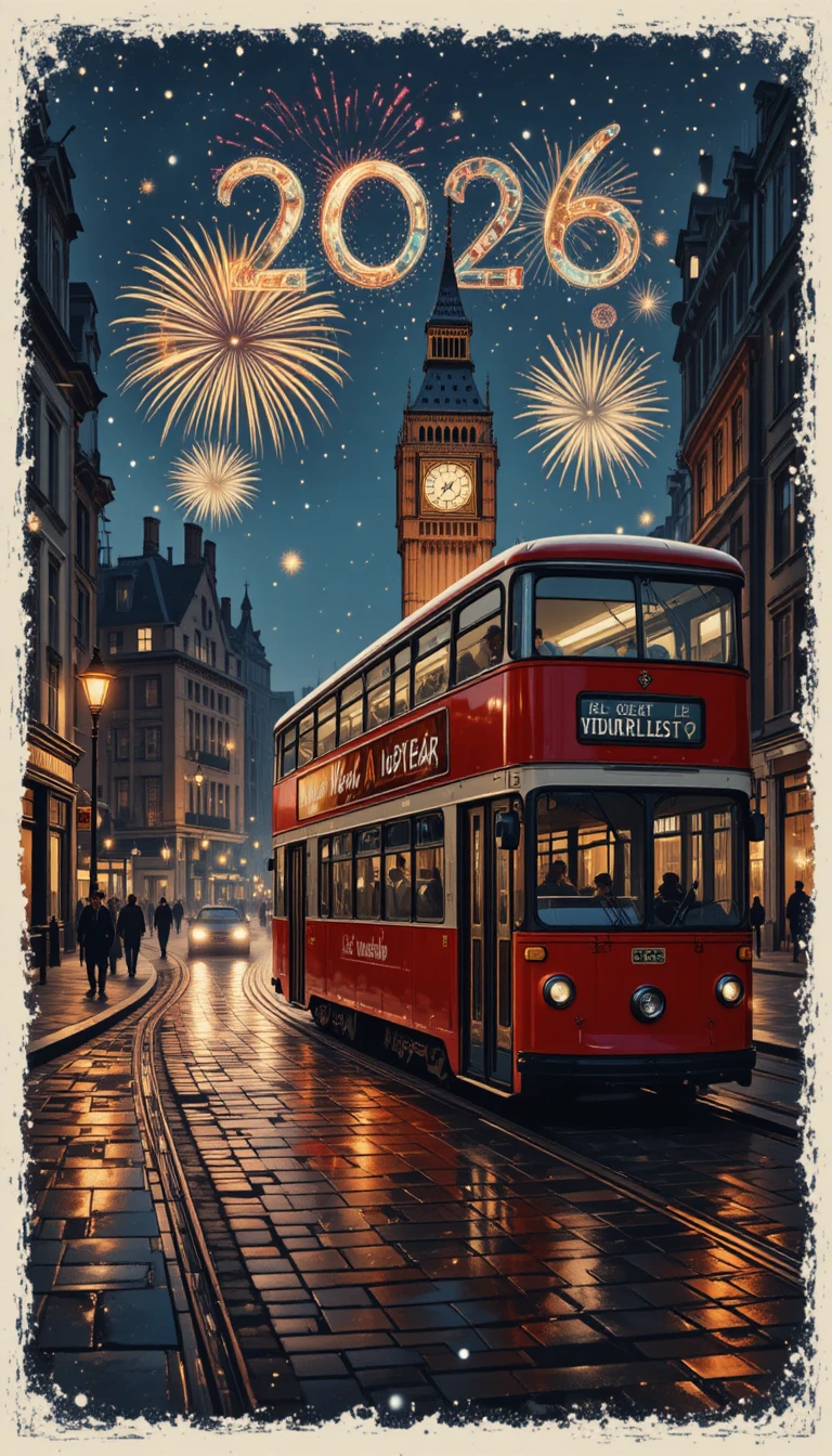 Tramway vintage de Londres passant devant Big Ben lors d’une nuit festive