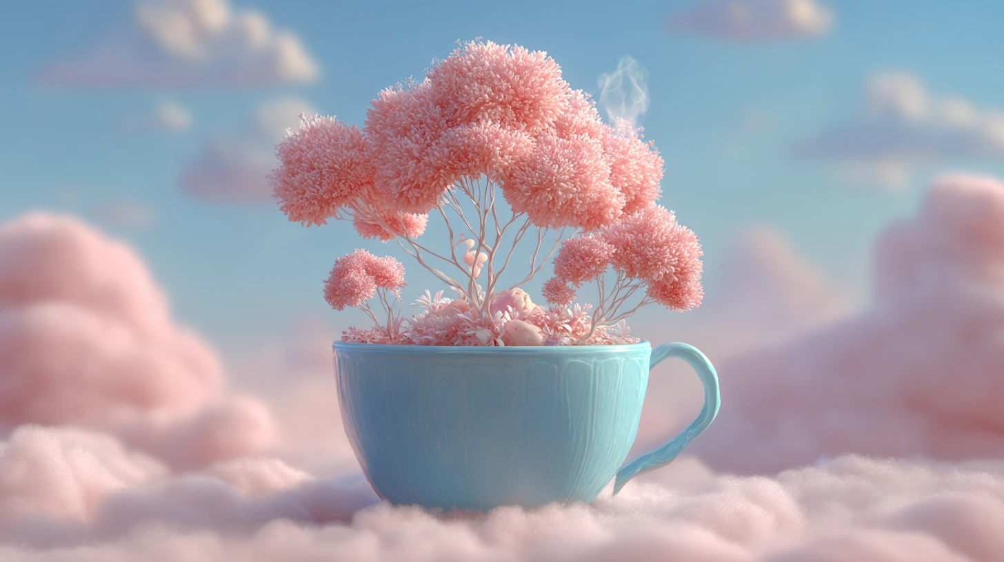 Taça de sobremesa fantasia com árvores e nuvens cor-de-rosa