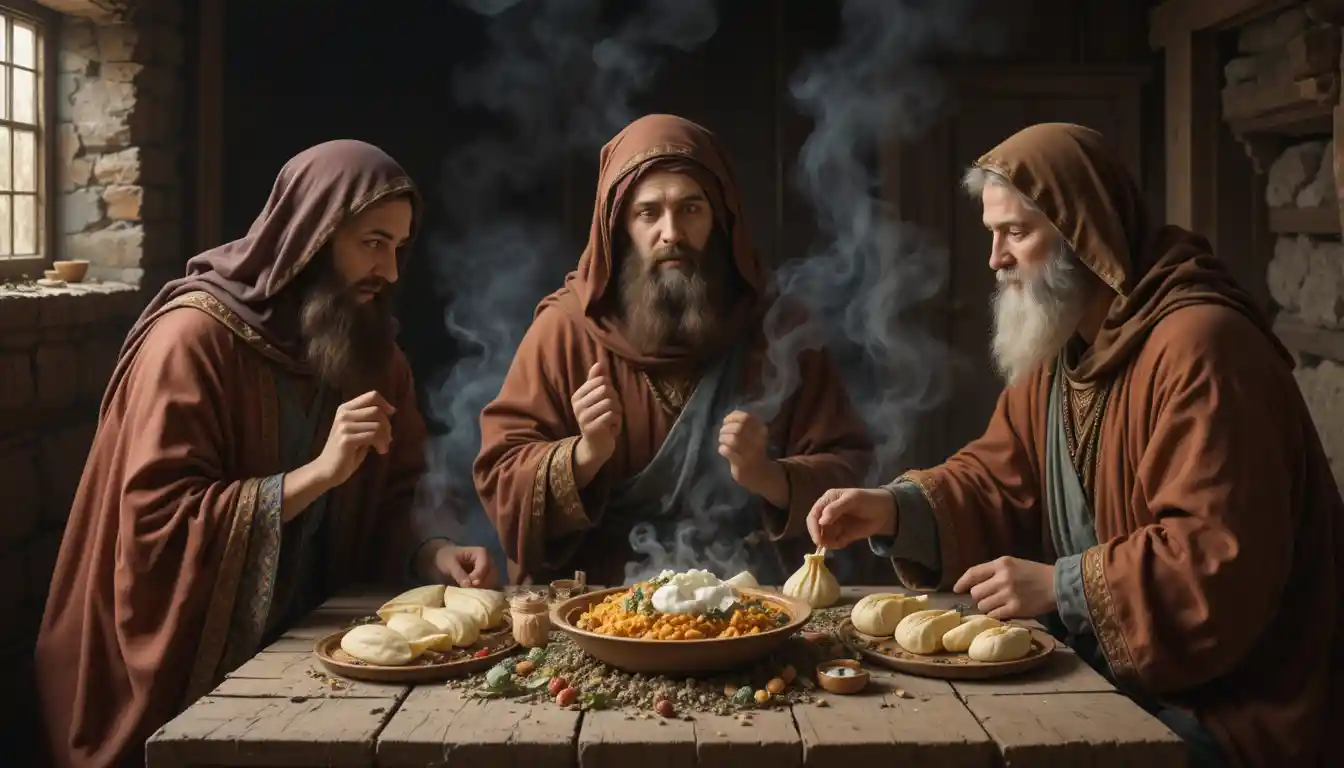 Tres sabios comparten dumplings en un establo humilde