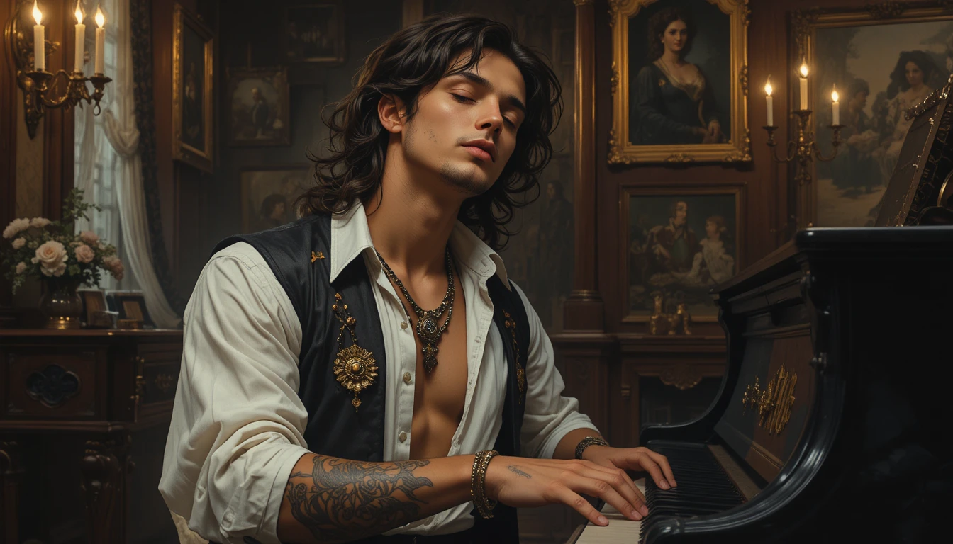 Man In 17th Century Attire Playing Antique Piano