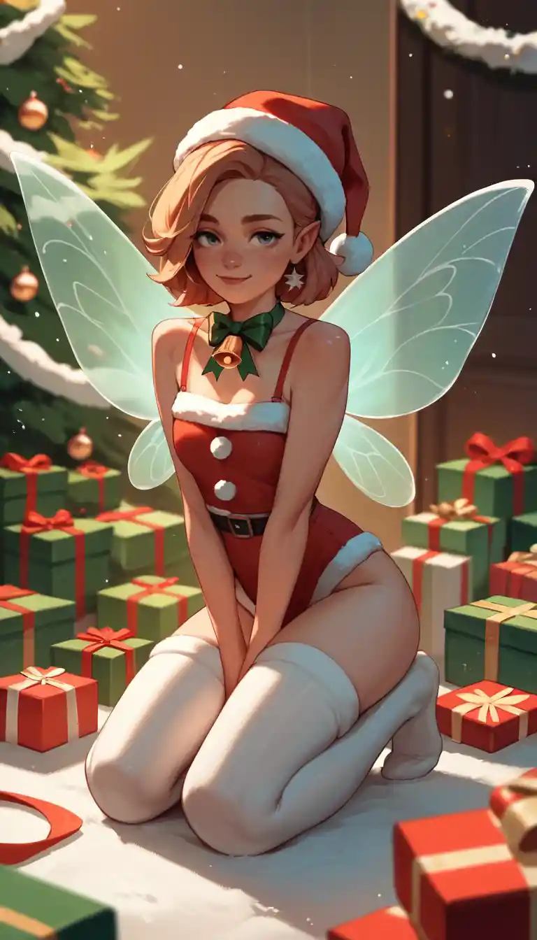Christmas fairy sitting on a festive Merry Christmas sign