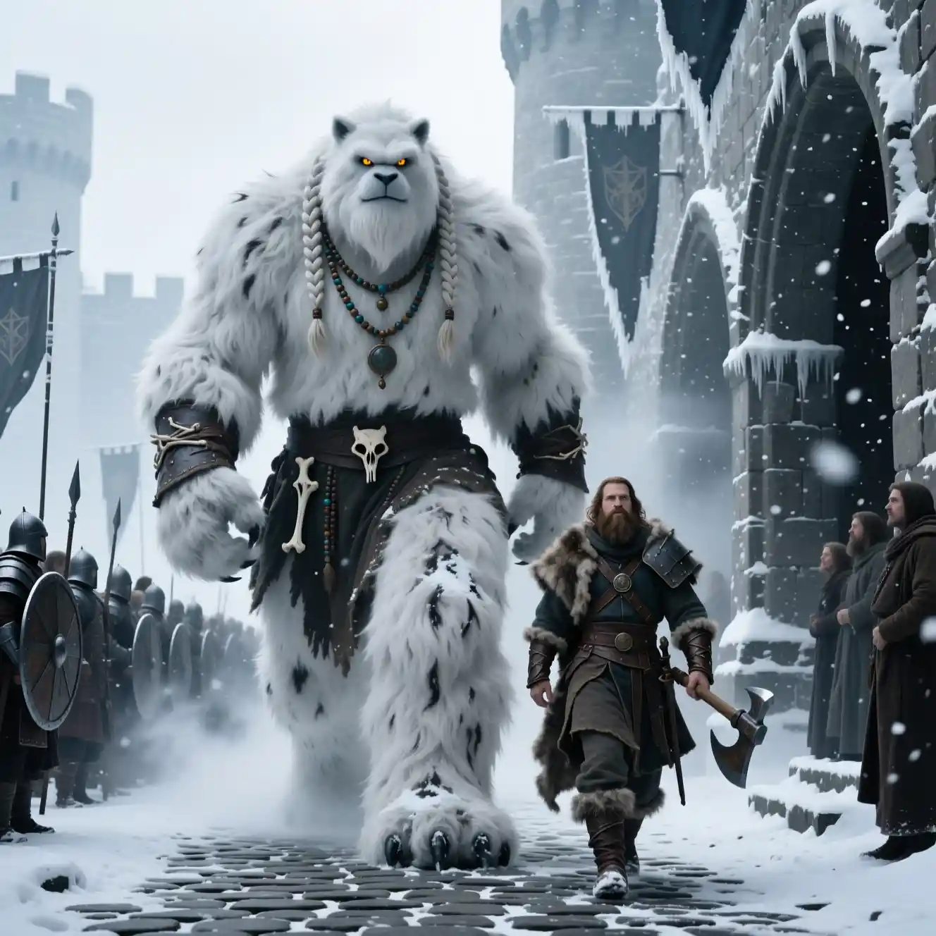 巨人と人間の戦士が雪の砦を進む