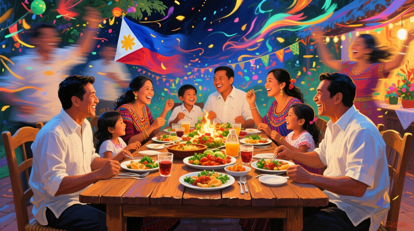 Família filipina compartilhando um festivo banquete de Noche Buena