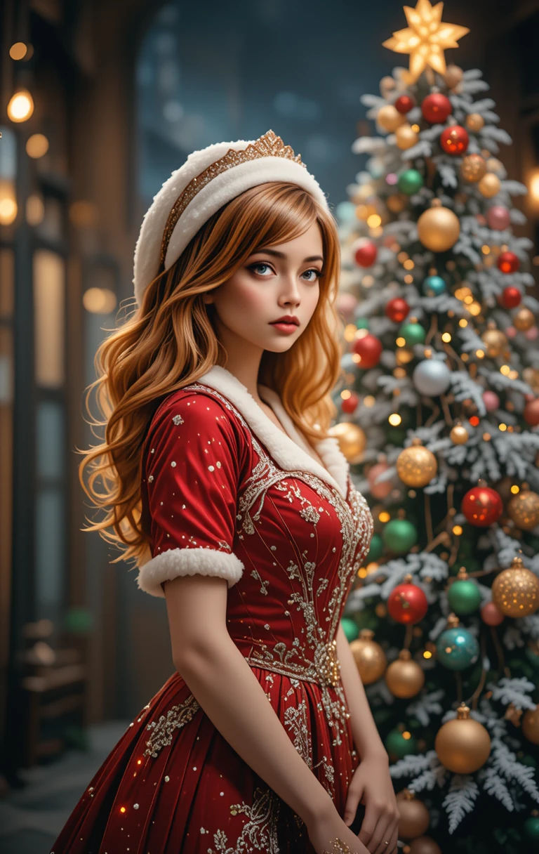 Ragazza anime con vestito rosso di Natale accanto a un albero luminoso