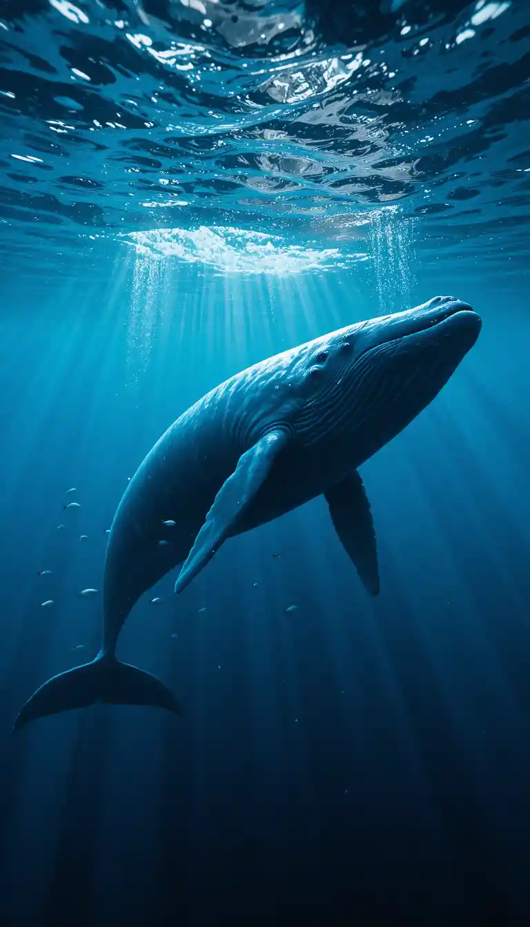 Majestic blue whale gliding through sunlit deep ocean