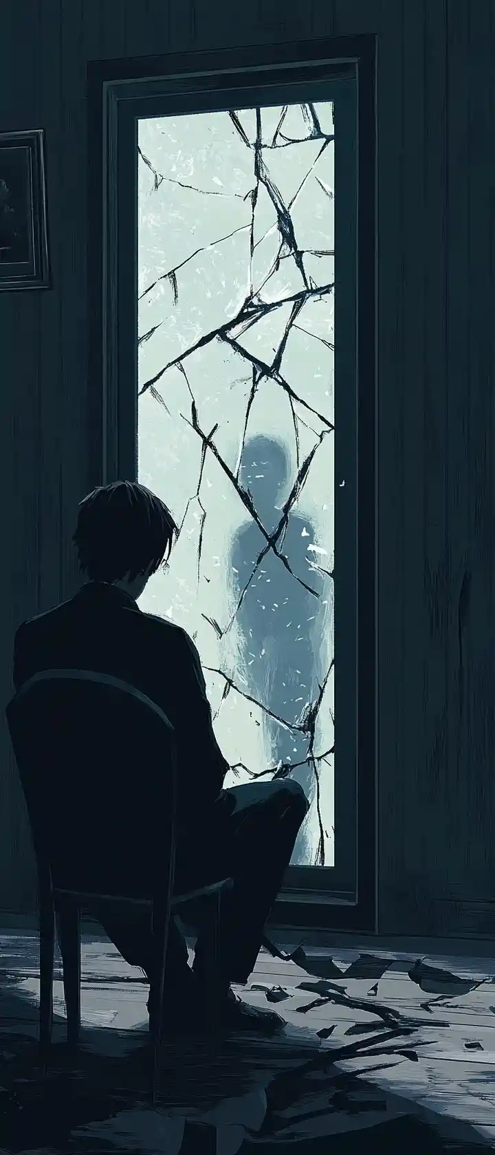 Silhouette solitaire face à un miroir fêlé aux reflets tristes