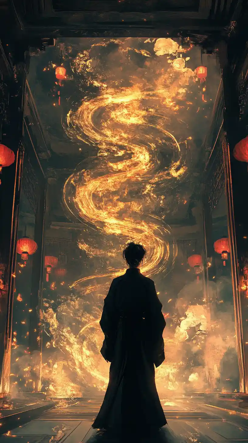 Monk Facing Vortex Of Glowing Calligraphy In Pavilion