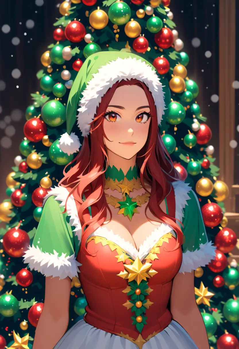 Femme anime en robe de Noël rouge près d’un sapin lumineux