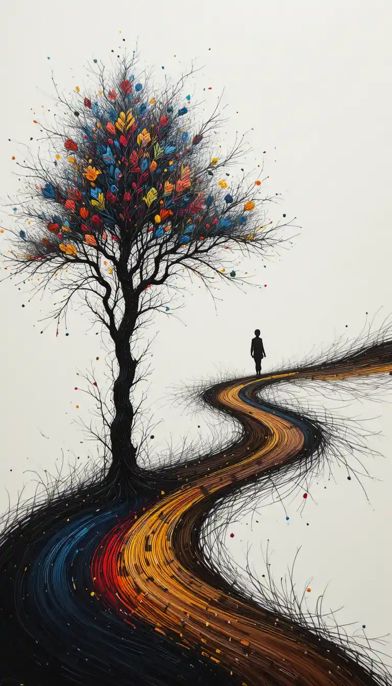 Abstract line art tree and winding path with lone figure