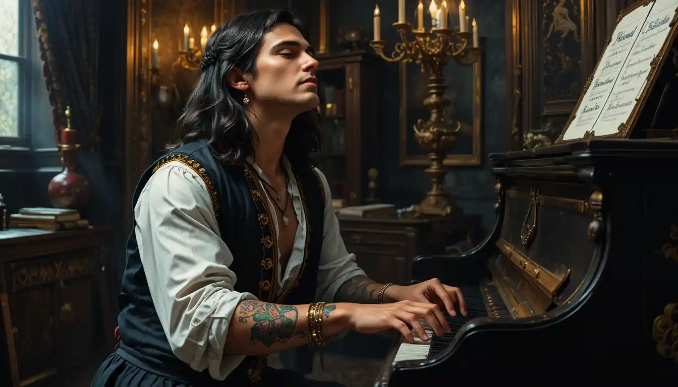 Slavic man in gothic attire playing antique black piano
