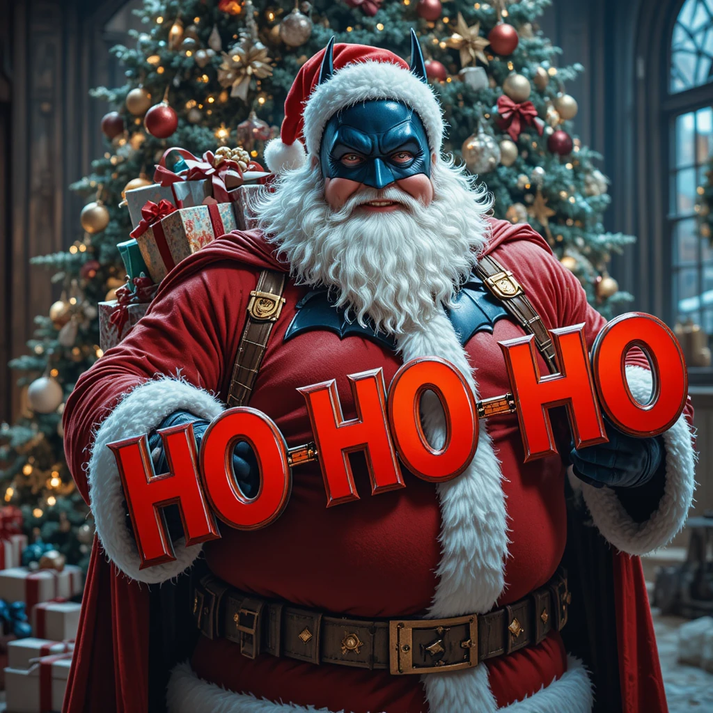 Jolly superhero in a Santa suit by a Christmas tree