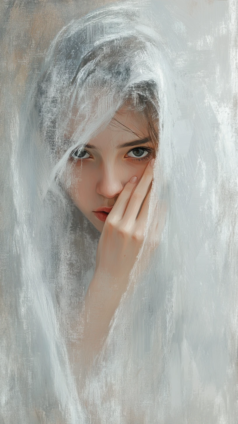 Shy young woman behind flowing white fabric in grayscale