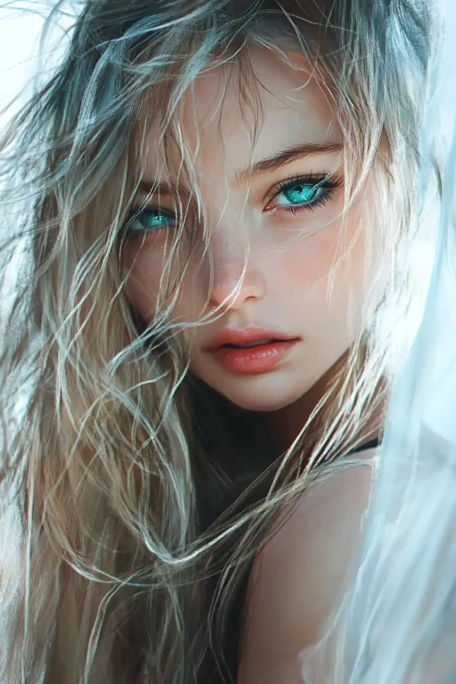 Anime woman peeking from white wall with blue eye