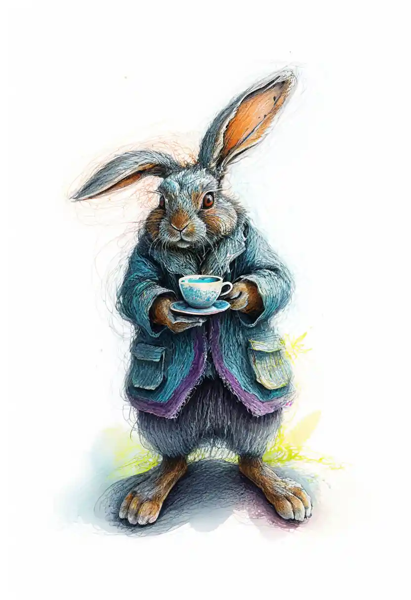 Whimsical anthropomorphic rabbit holding a hot drink