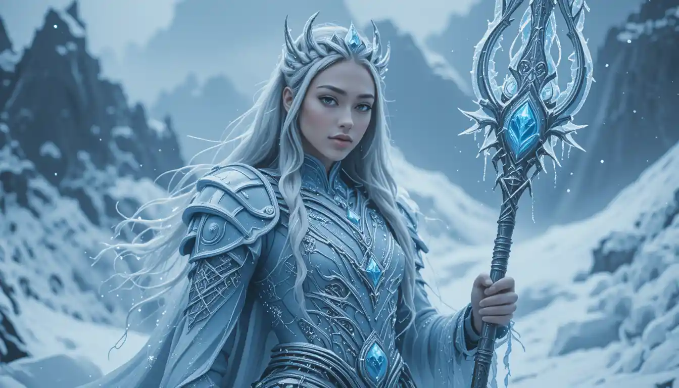 Ice warrior woman wielding a glowing frost staff
