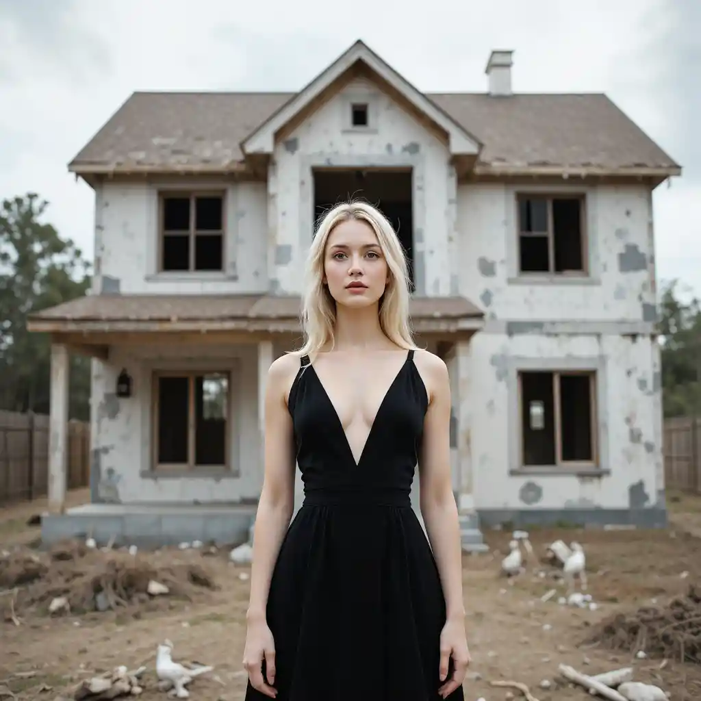Woman in black dress at unfinished house exterior