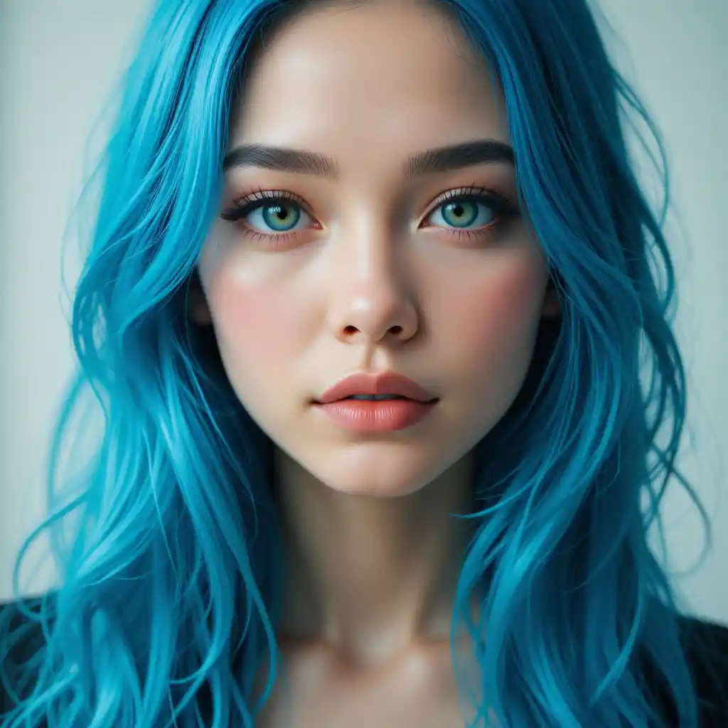 Serene blue haired girl close up with vivid green eyes
