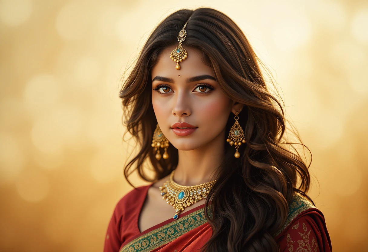 黄金色のソフトフォーカス背景にたたずむ穏やかなインド人女性（サリー姿）