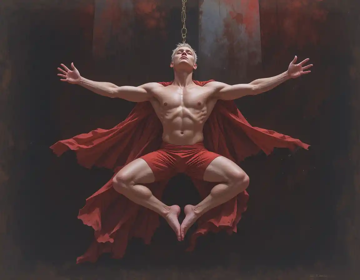 Muscular man hanging upside down in red silk hammock