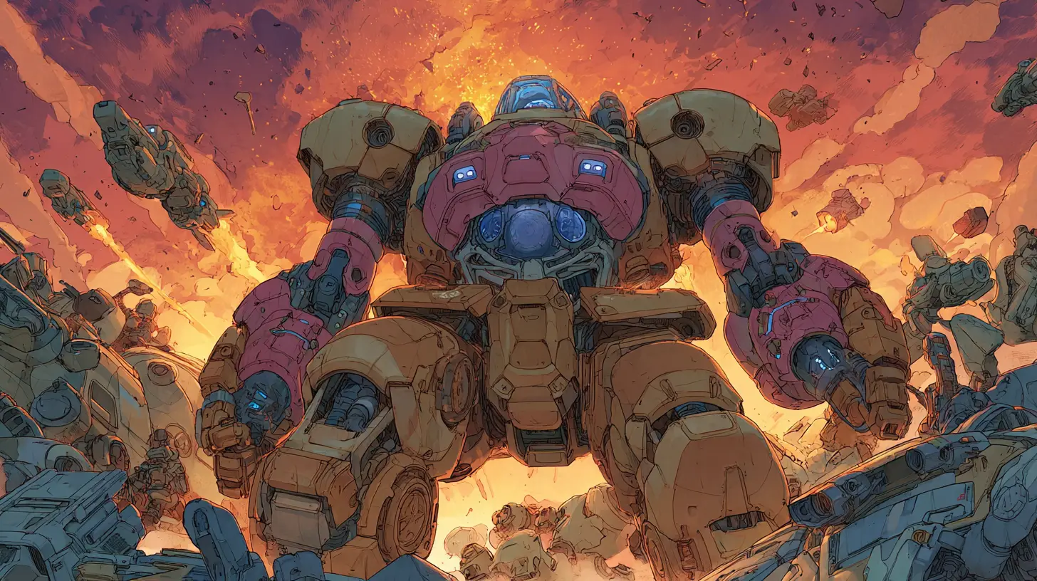 Gepanzerter Anime-Mecha zerschmettert Alien-Truppen in der Schlacht