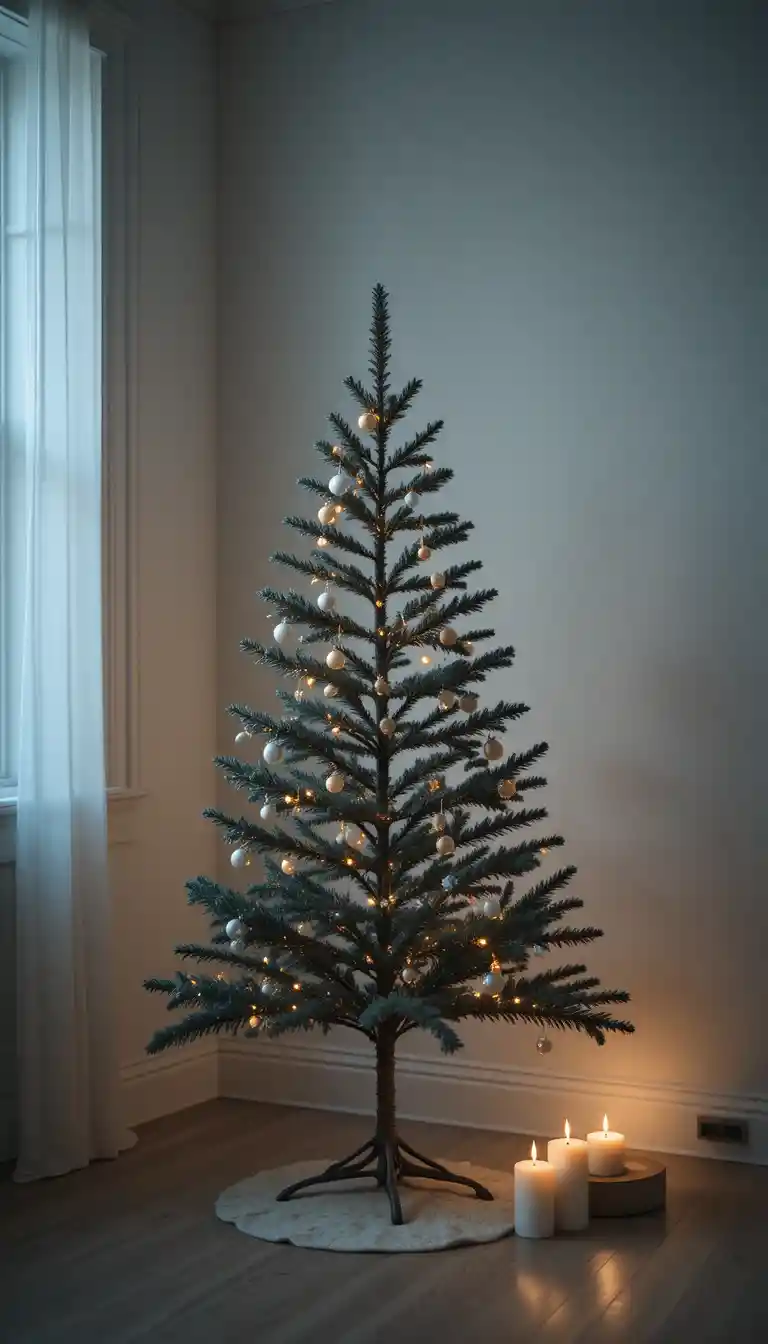 Albero di Natale minimalista in una stanza interna illuminata da calde candele