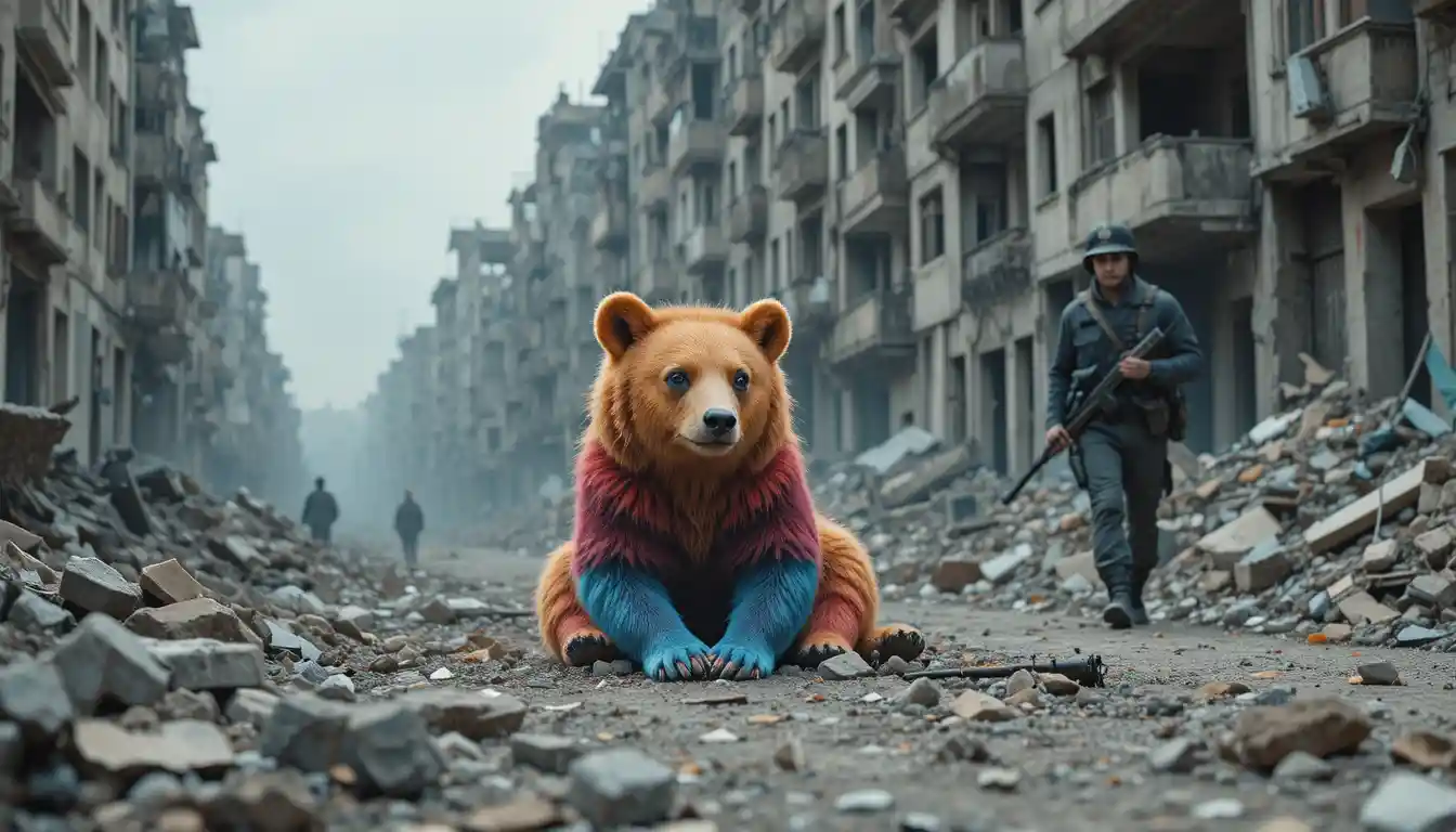 Leuchtender Teddybär in den Ruinen einer urbanen Kriegszone