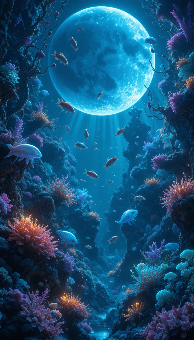 Oceano alienígena repleto de criaturas marinhas surreais e brilhantes