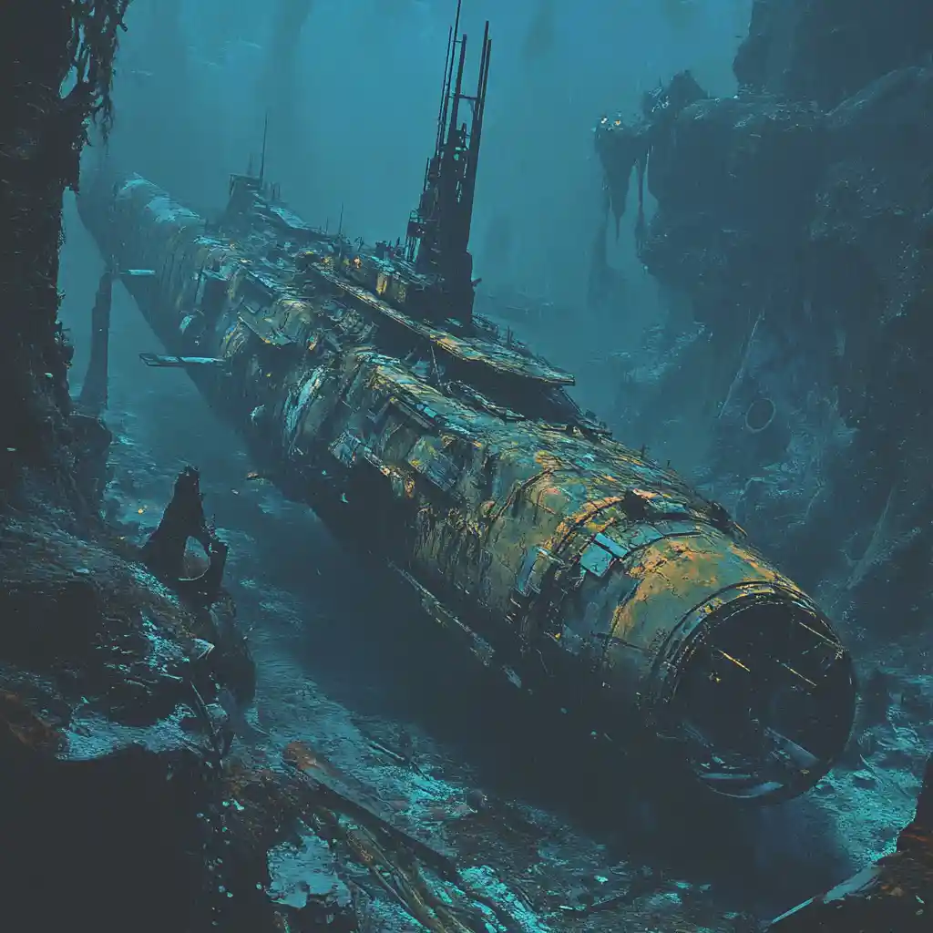 Sumergible solitario en un tétrico fondo marino esquelético
