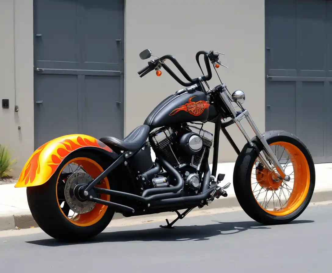 Moto chopper noir mat avec réservoir en flammes dans la rue