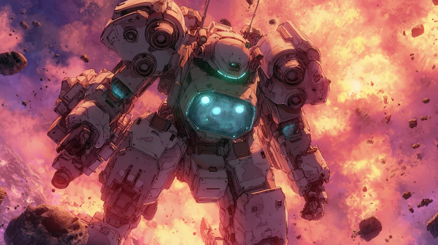 Mech anime corazzato che schiaccia forze aliene in battaglia