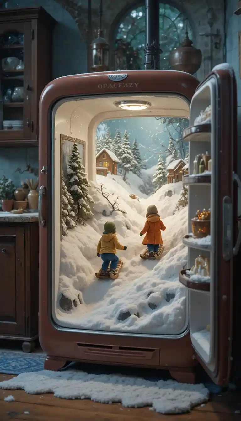 Miniature winter world inside a vintage kitchen refrigerator
