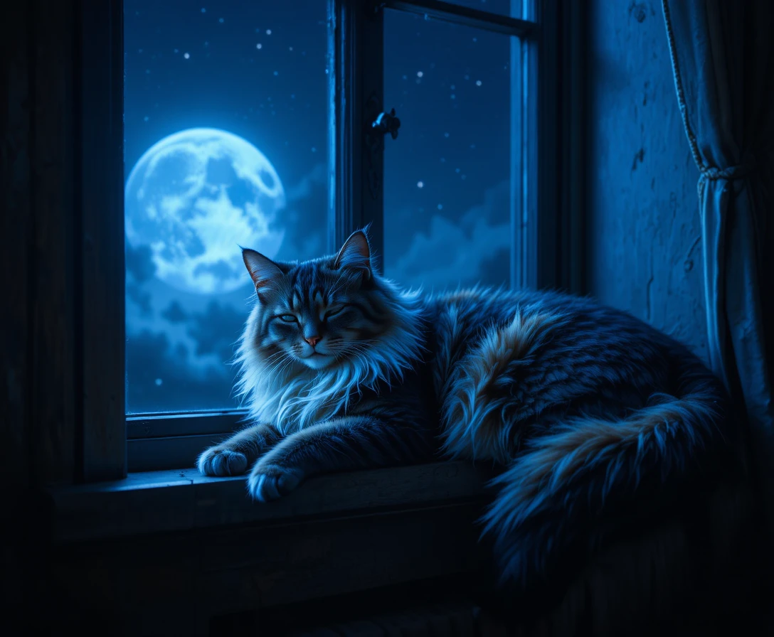 Chat Maine Coon dormant paisiblement à la lumière de la lune près de la fenêtre