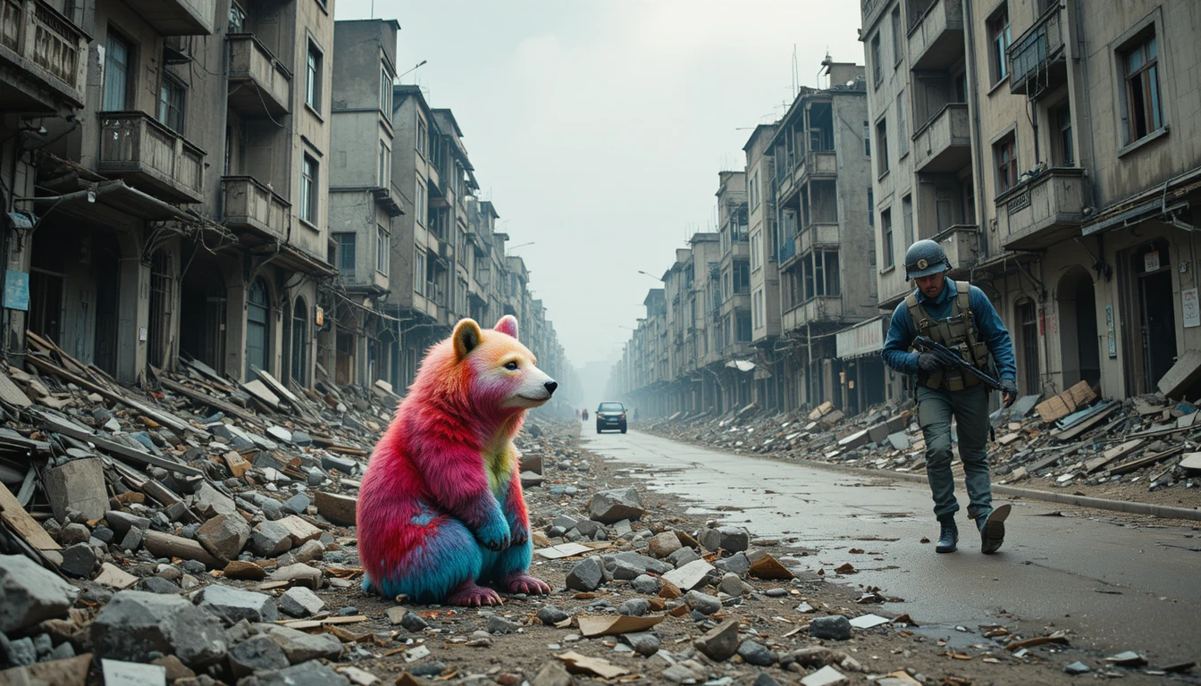 Ursinho de pelúcia colorido em ruínas de zona de guerra urbana