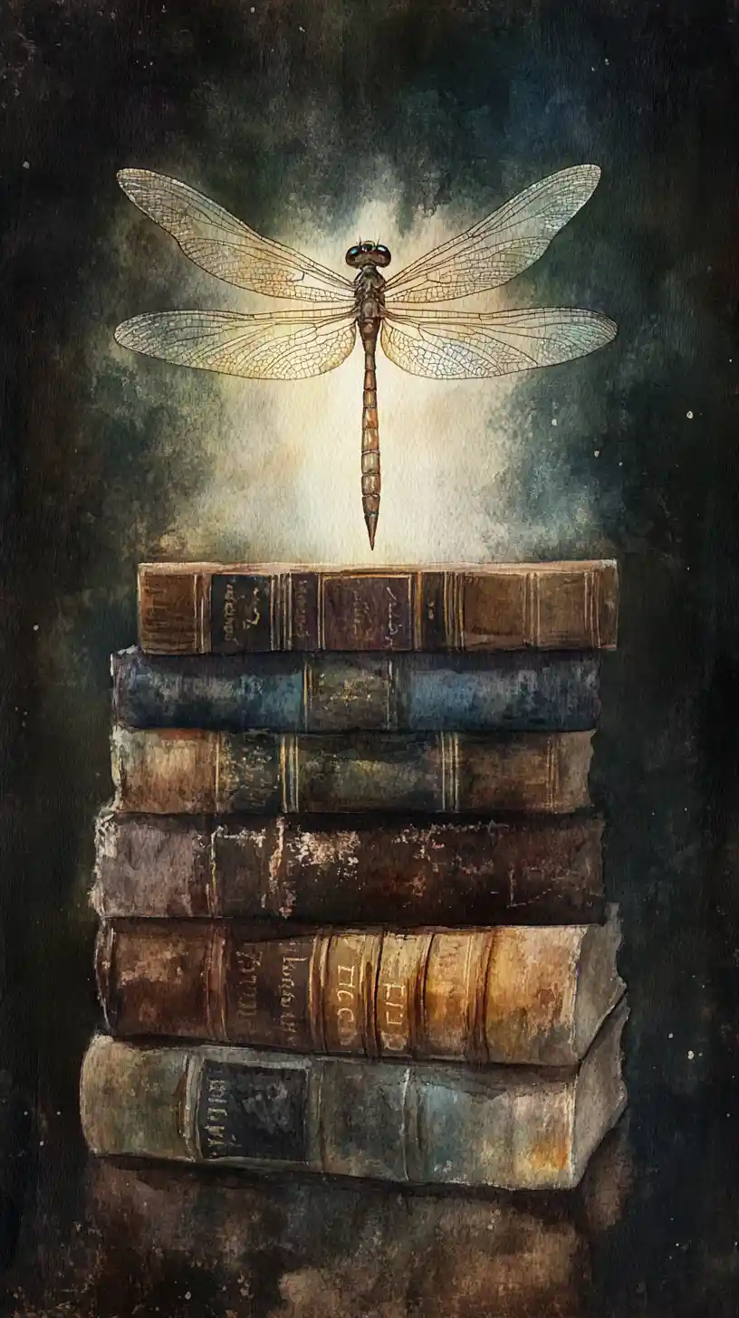 Libélula en acuarela sobre libros vintage en una oscuridad luminosa