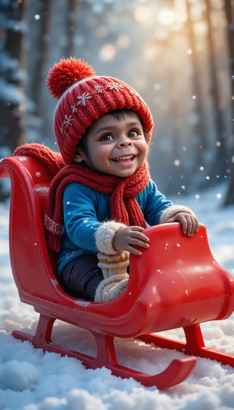 Baby gorilla and child riding a red sled in snow