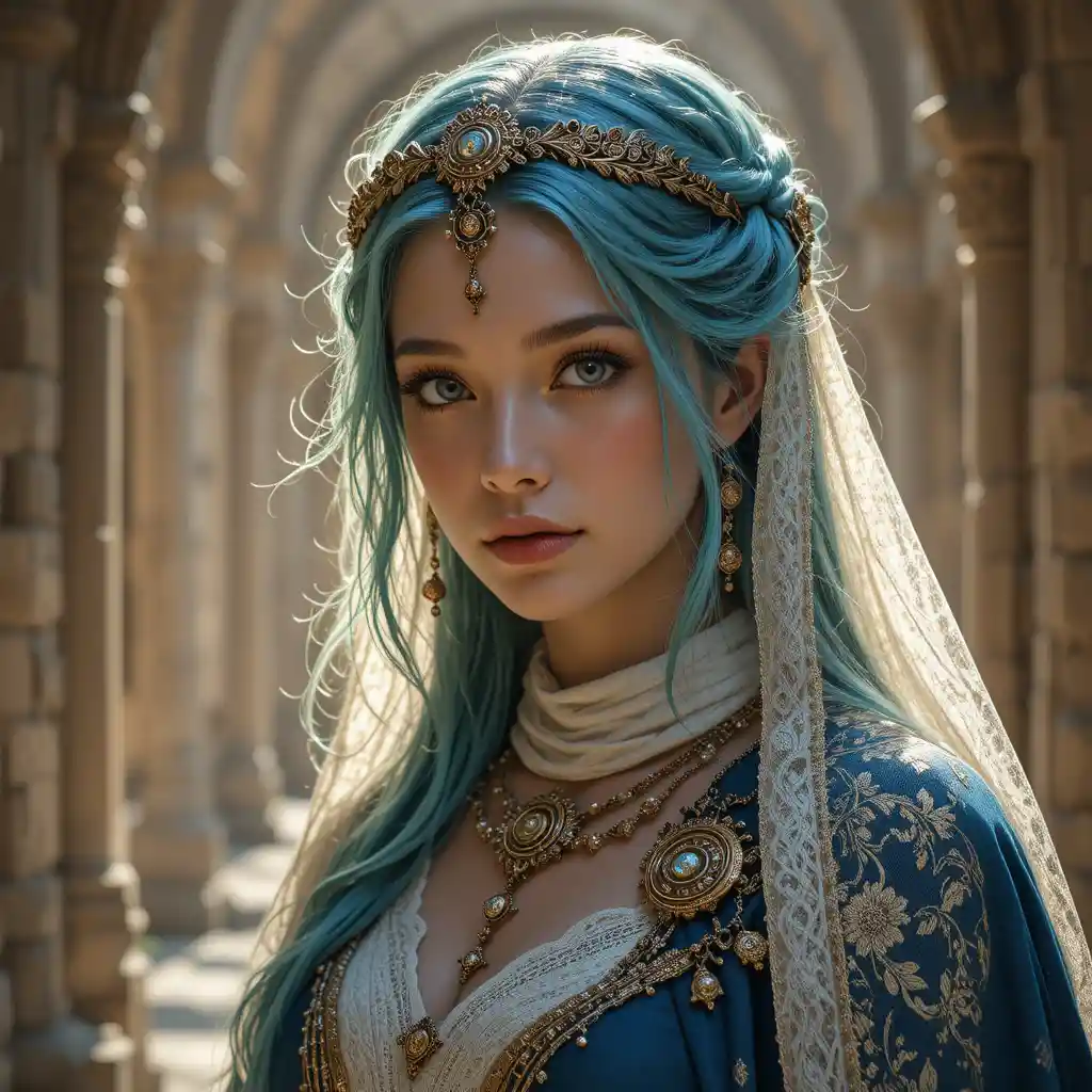 Regal teal haired noblewoman in lace veil and velvet cloak