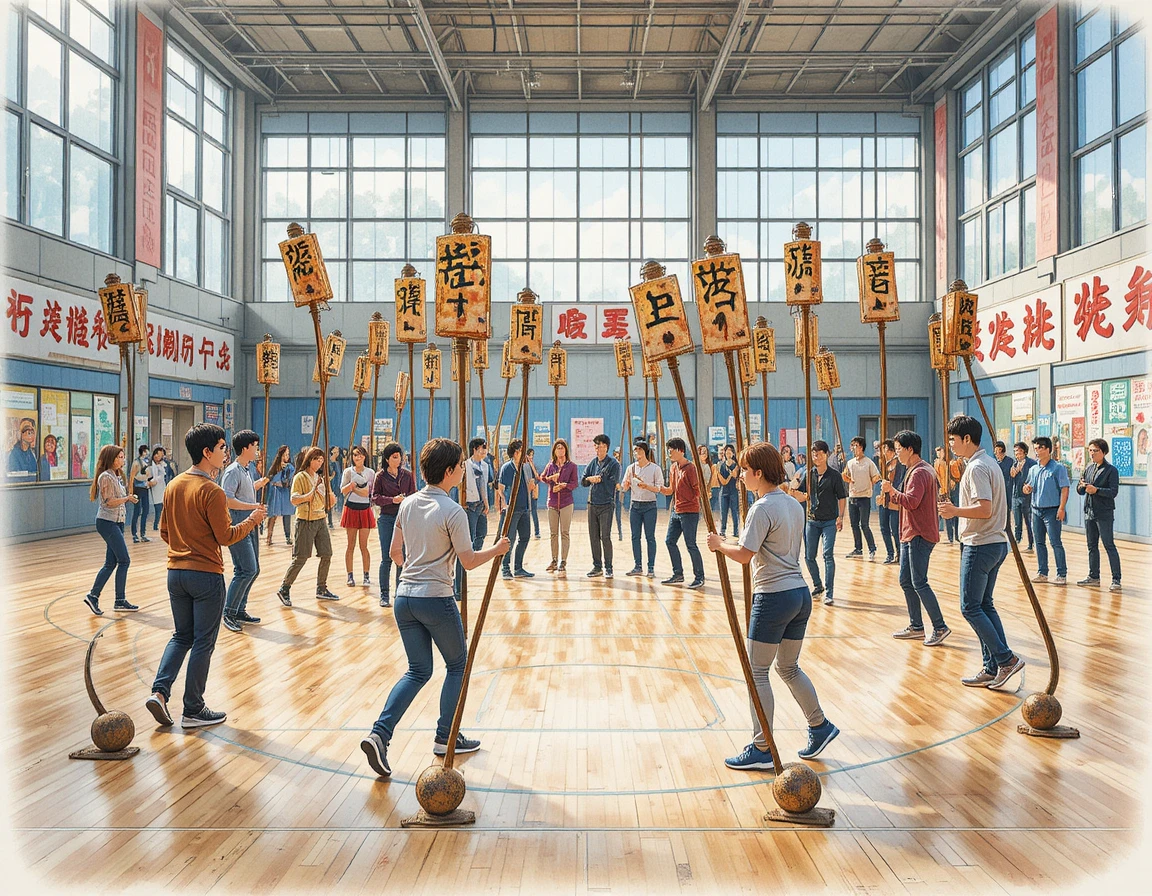 Group of people playing musical chairs in a bright gym