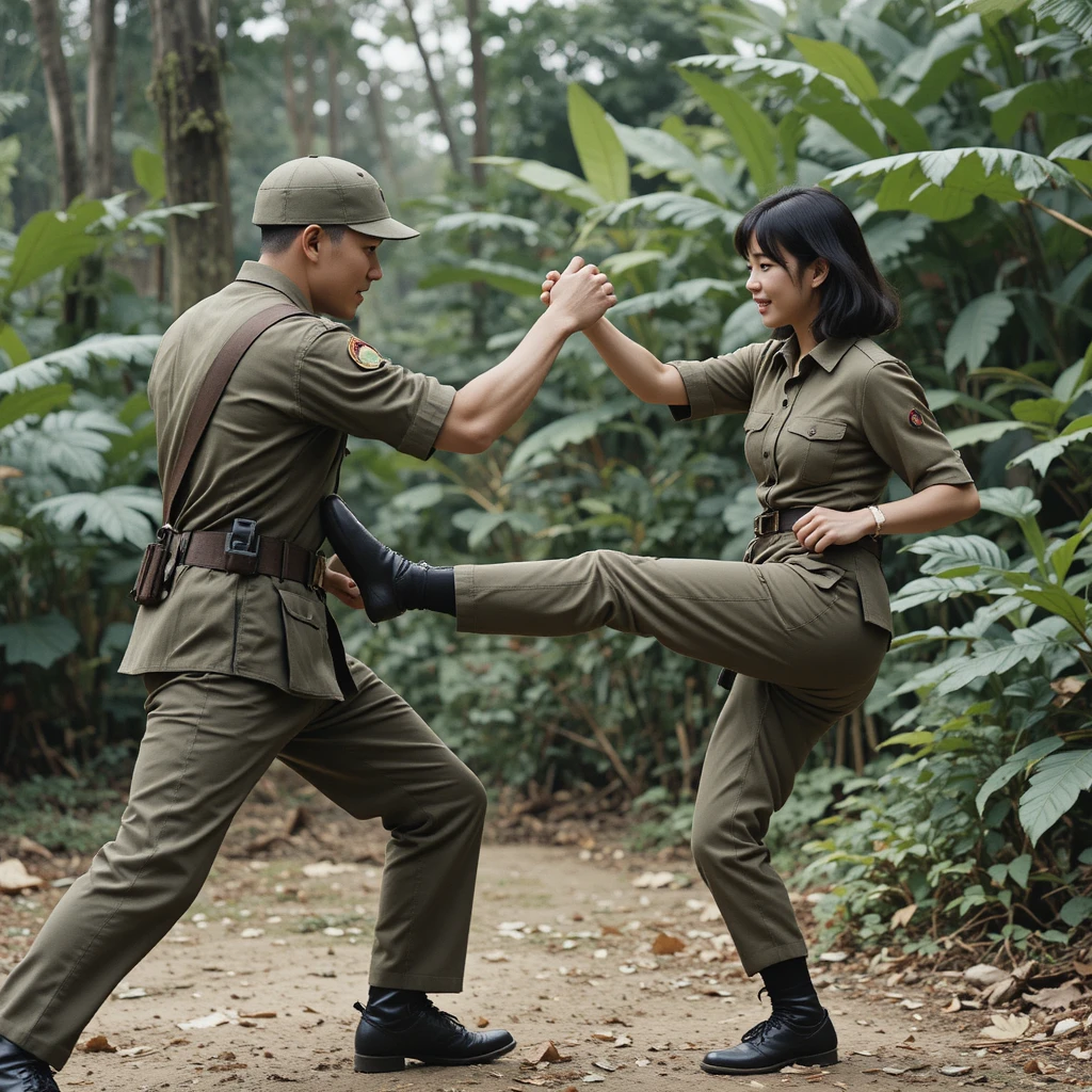 Combate corpo a corpo descontraído entre soldados vietnamitas na selva