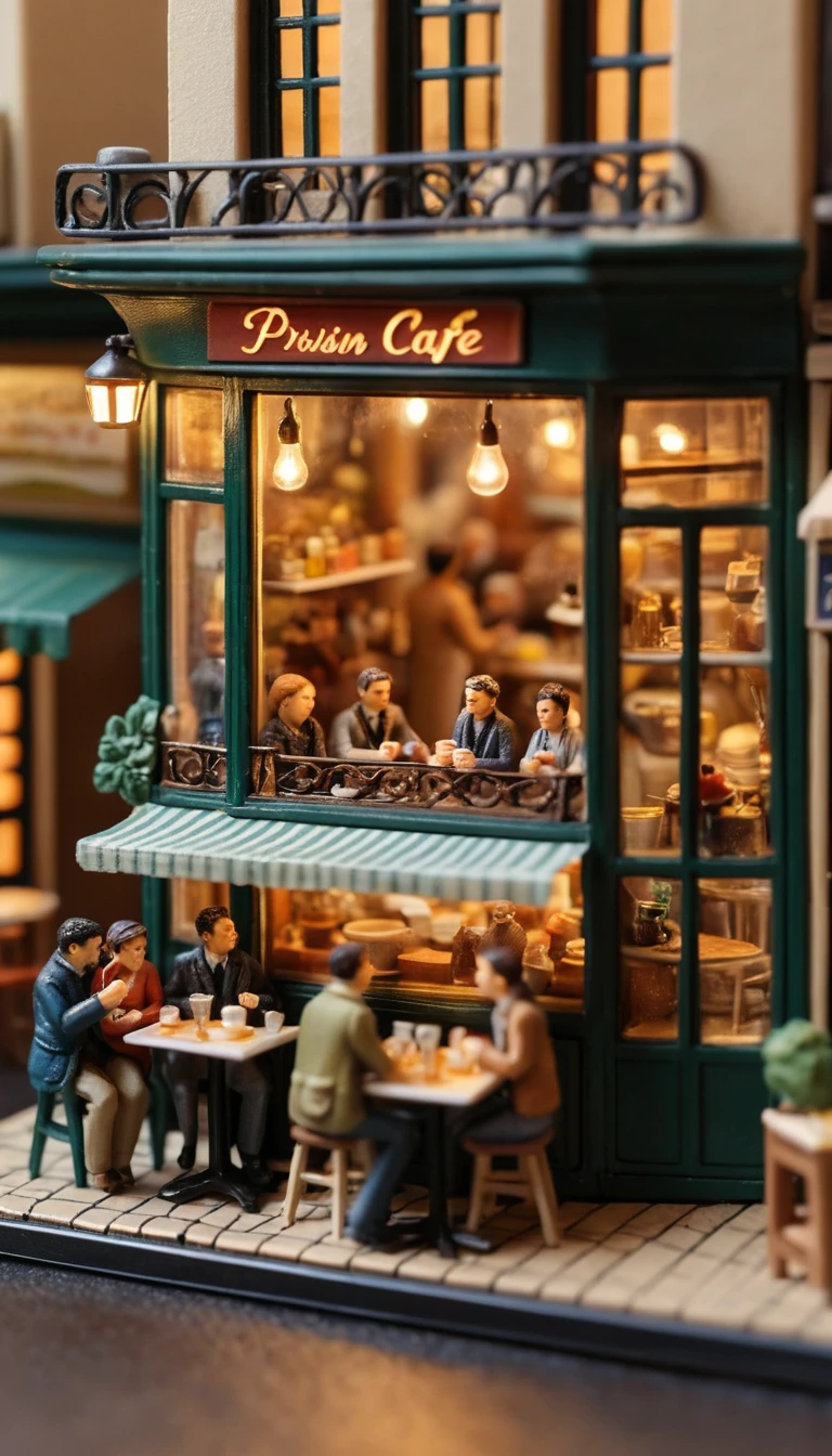 Aconchegante diorama em miniatura de pessoas reunidas em um café parisiense