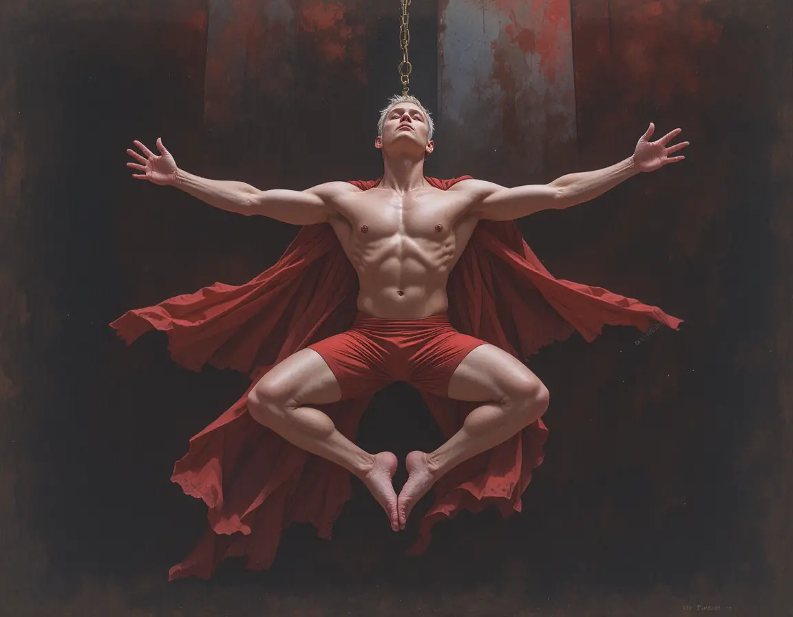 Muscular man hanging upside down in red silk hammock