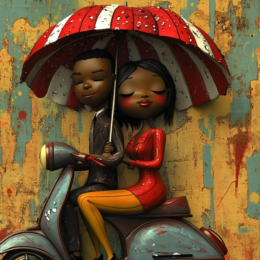 Casal afro-americano em uma lambreta em cena urbana 3D chuvosa