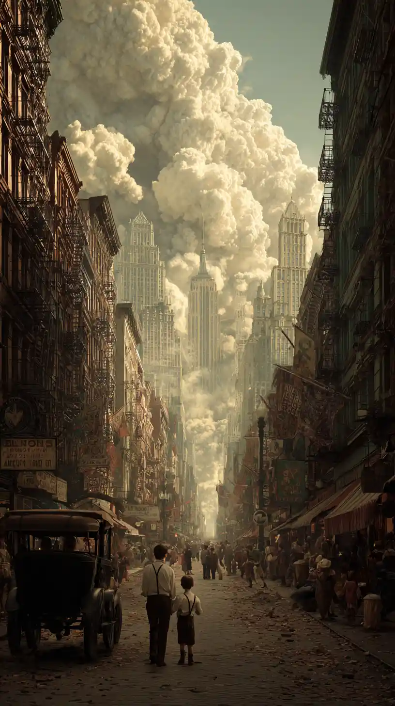 Paesaggio urbano surreale e inquietante di New York in toni beige retrò