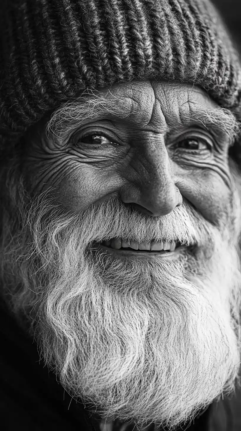 Black and white close up portrait of smiling old man